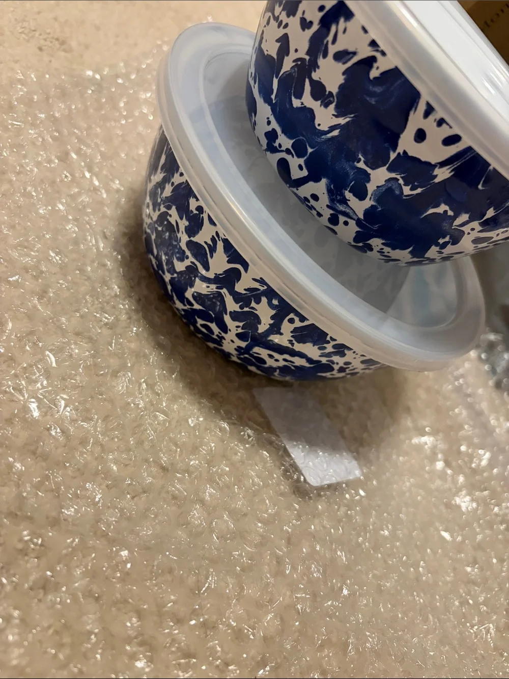Brand New Golden Rabbit Cobalt Swirl Ceramic Bowls with Clear Lids - Set of 2